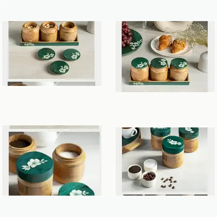 Wooden 3 Jars & Tray With The