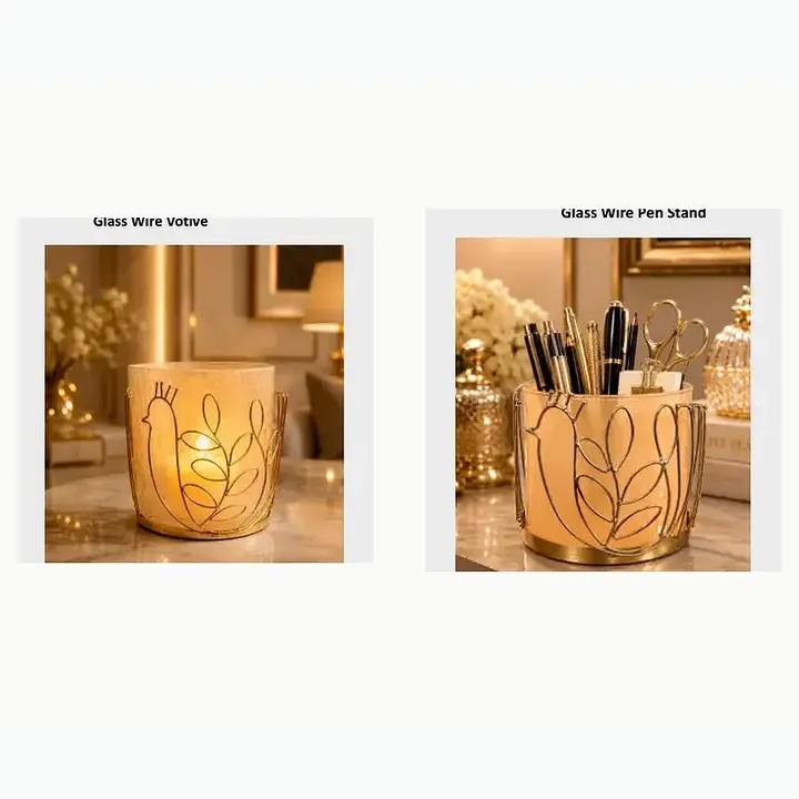 #6465 5.5x5.5x6 @495 Glass Wire Pen Stand #6464 4.25x4.25x4.5 @295 Glass Wire Votive